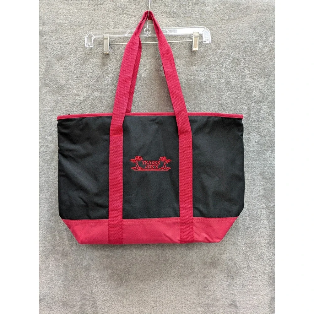 Trader Joes Insulated Cooler Tote Bag  Black Red Zip Top handles